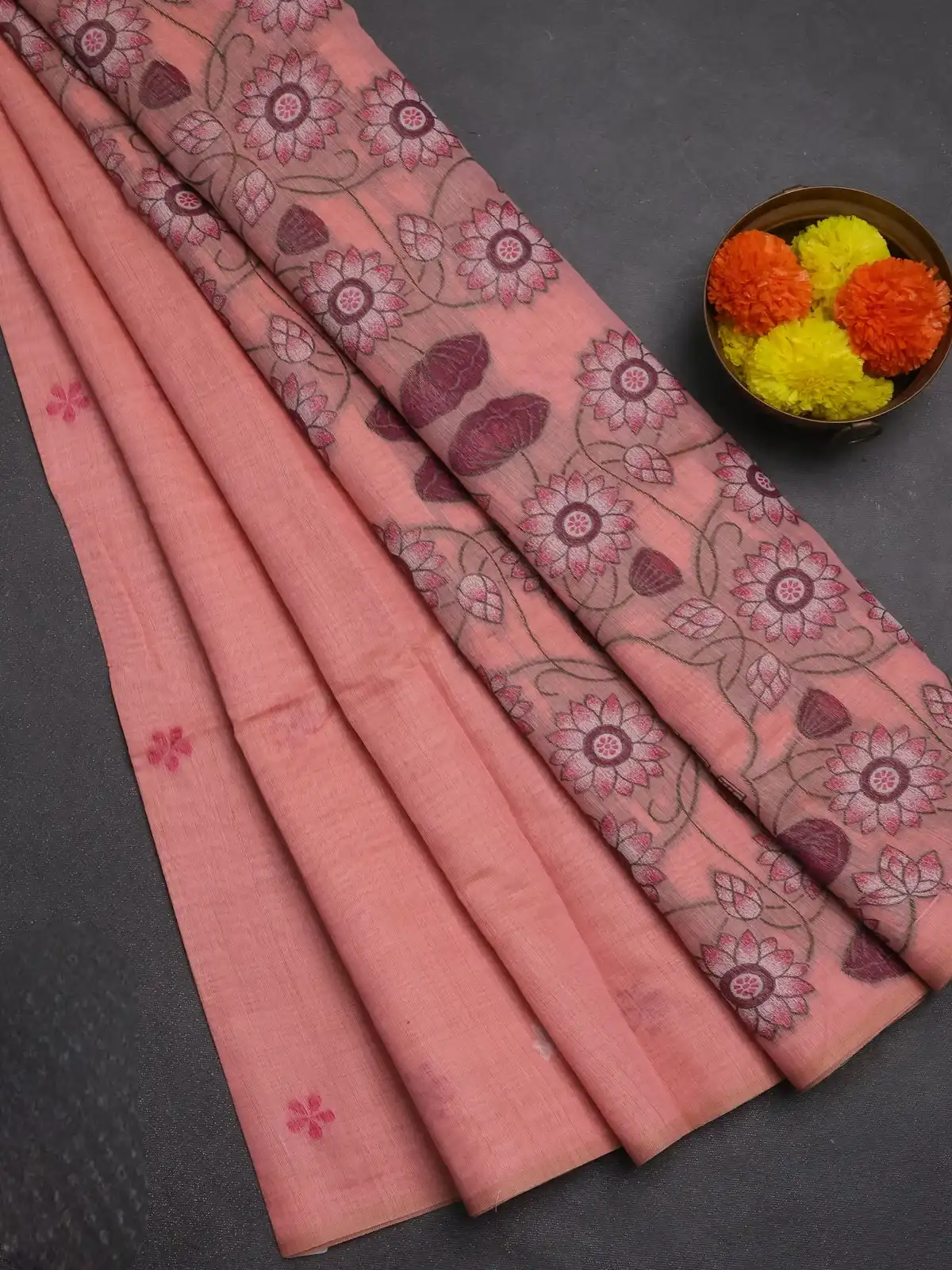 Peach Orange and Pink Jamdhani Cotton Saree